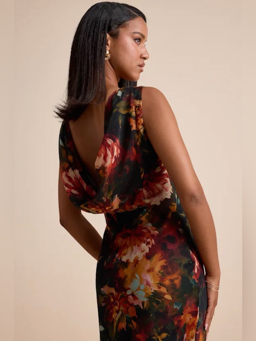 Yaneli Black Multi Floral Boat Neck Cowl Back
Maxi Dress - Picture 2 of 5
